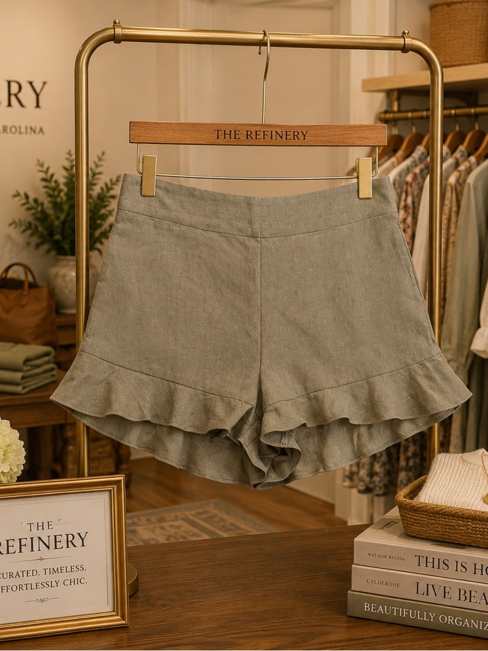 TIMING - Olive Green High-Waist Ruffle Hem Shorts NWT
